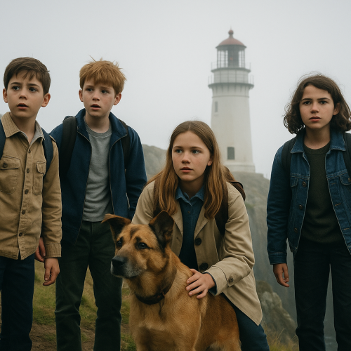 Kinder stehen mit einem Hund an einer nebeligen Küste vor einem Leuchtturm, bereit für ein Abenteuer wie bei „Die 5 Freunde“, für einen Winterferien-Theaterworkshop.